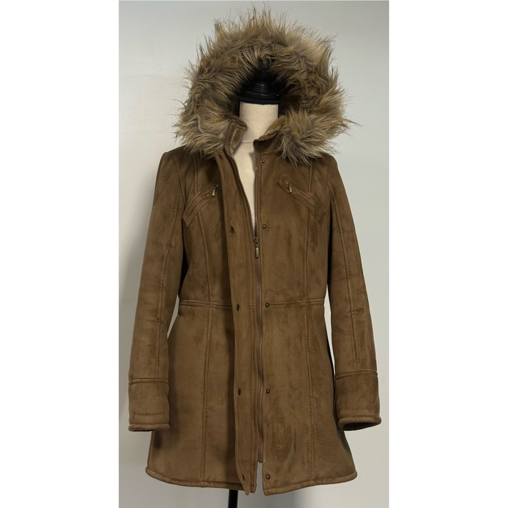 Esprit Vintage Faux Suede Hooded Coat Jacket Brown Size L